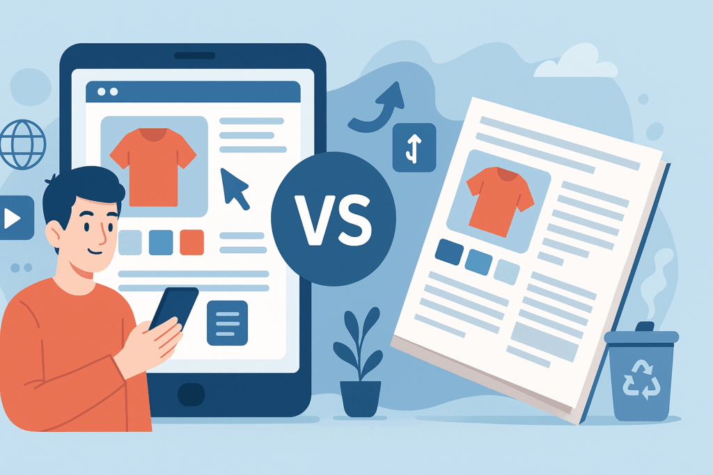 Confronto tra e-commerce sostenibile e tradizionale con tablet e smartphone, icona VS e simboli riciclo