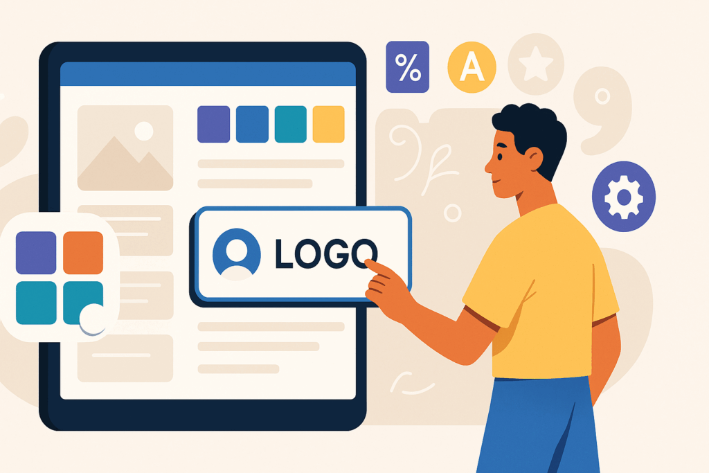 Illustrazione uomo che progetta logo su tablet con icone di percentuali, stelle e ingranaggi