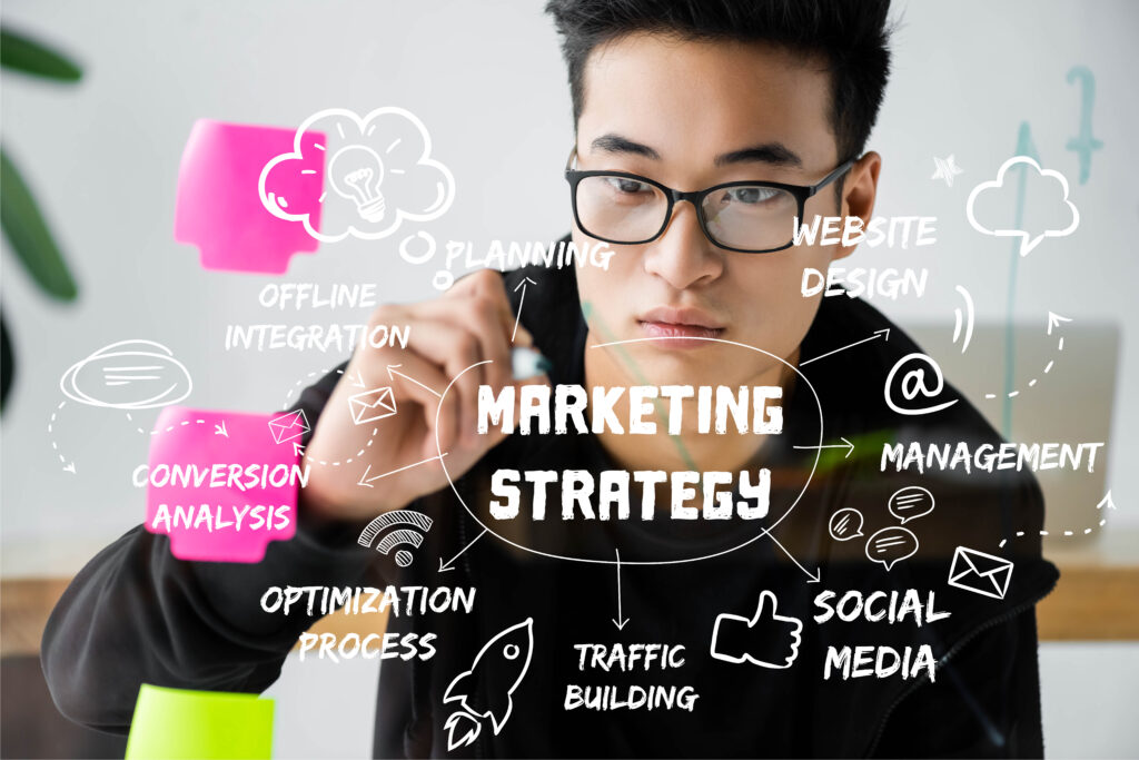 Uomo che scrive strategia marketing su vetro con termini chiave come social media, website design e analisi conversione