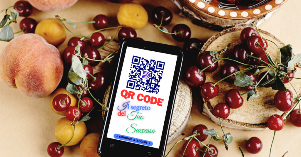 Smartphone con QR Code circondato da frutta fresca, ciliegie e pesche, promozione segreto del successo
