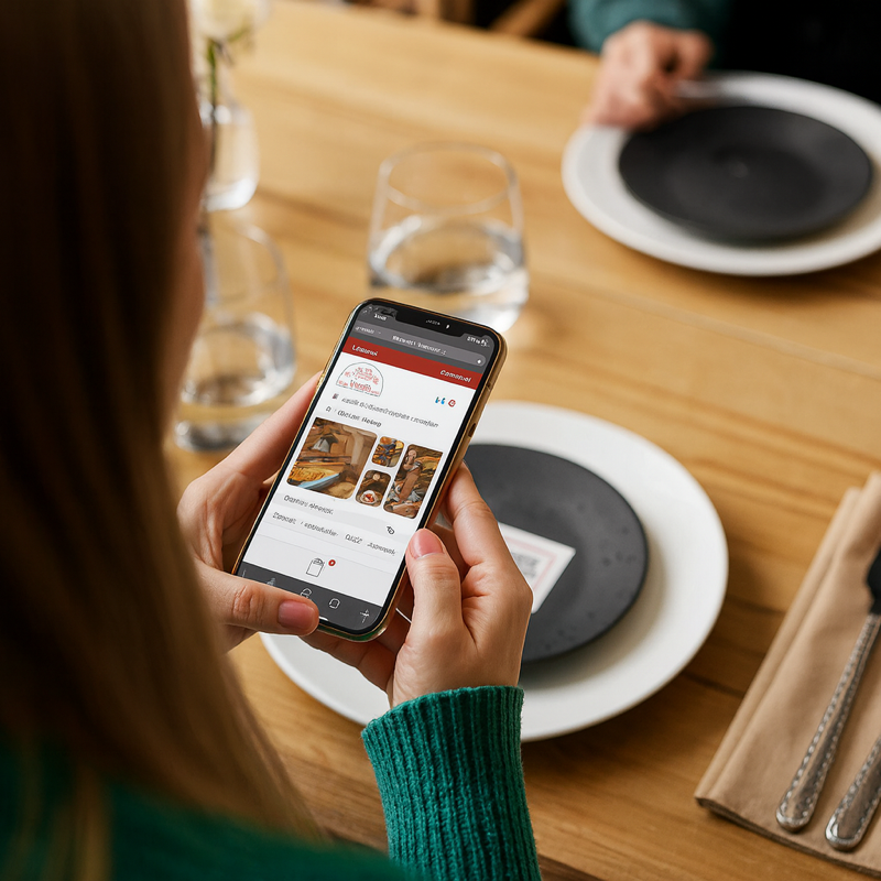 Persona che consulta app ristorante su smartphone al tavolo con piatti e bicchieri