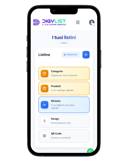 App DigvList interfaccia listini digitali con categorie, prodotti, minisito e QR Code