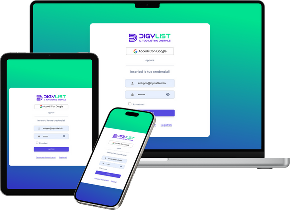 Login pagina DigvList su desktop, tablet e smartphone con opzione Accedi con Google e inserimento credenziali email e password
