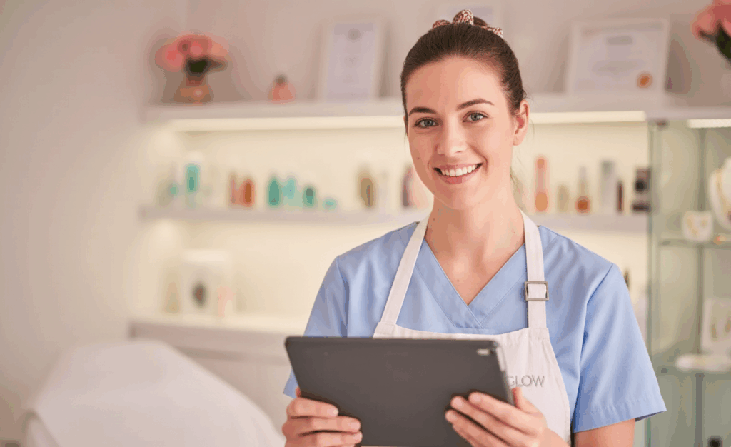 Estetista professionista sorridente con tablet in salone beauty, grembiule azzurro e prodotti cosmetici sullo sfondo